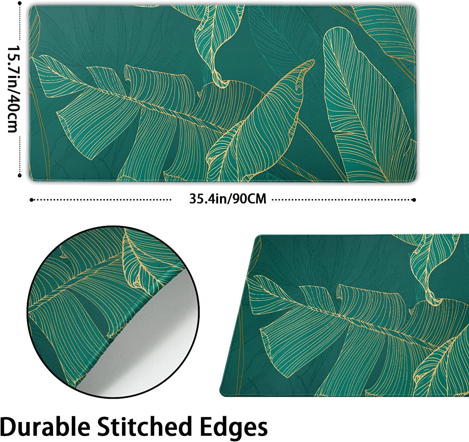 Tropical Leaf Mouse Pad 35.4 X 15.7 Inch XXL Green Gold Banana Leaf Print Full Desk Mousepad Extended Large Non-Slip Rubber Base Keyboard Mat with Stitched Edges for Gaming Office