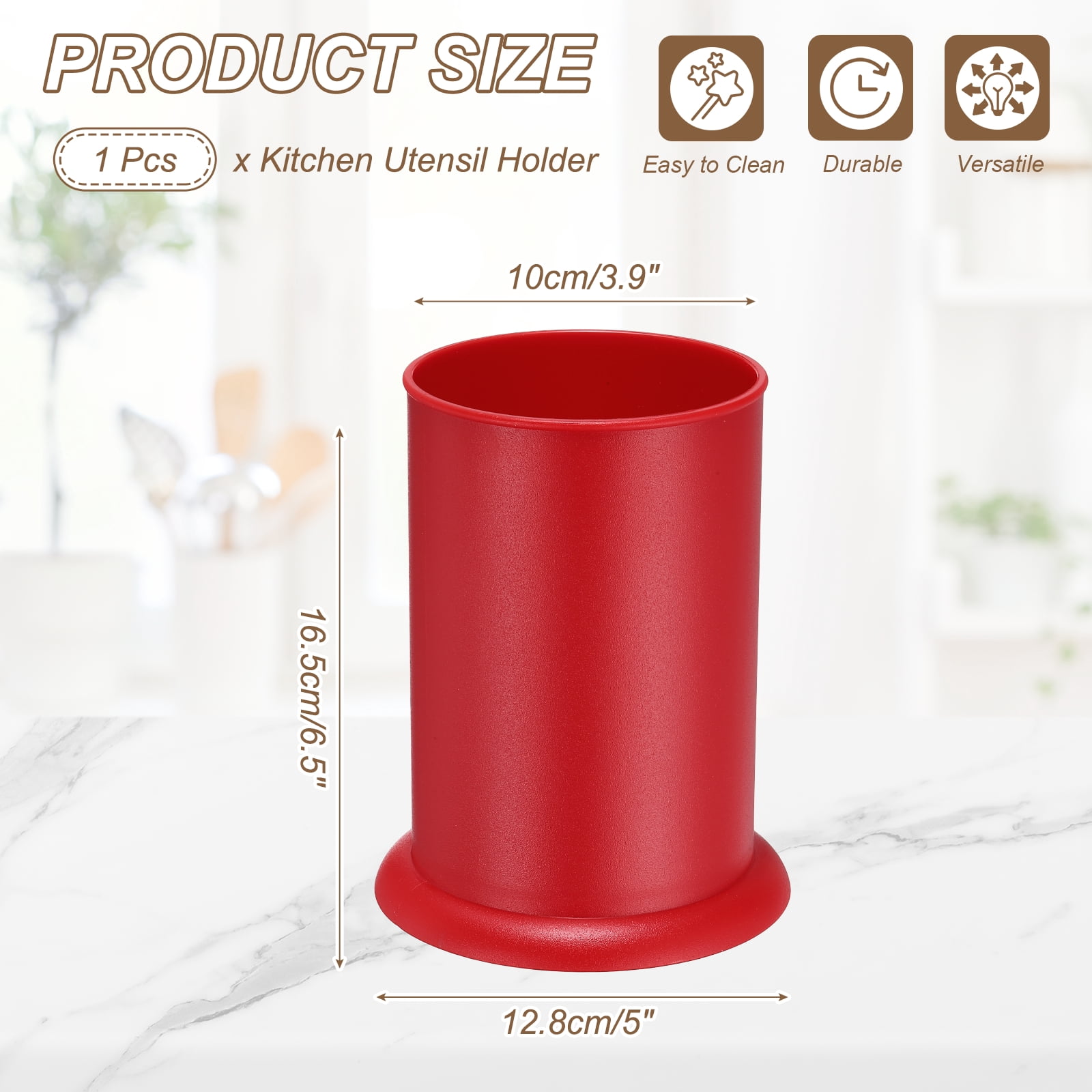 Uxcell Kitchen Utensil Holder, 5x6.5" Plastic Utensil Cutlery Holder Round Flatware Organizer with Drain Hole for Kitchen Restaurant Countertop Straw, Spoon, Chopstick, Red