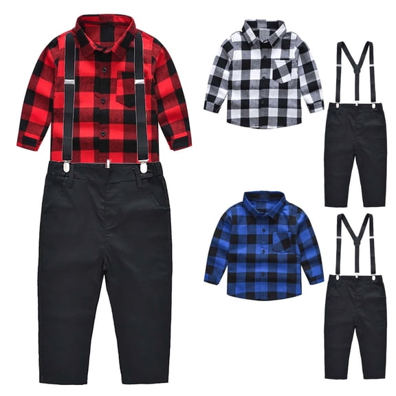 Fesfesfes Big Boys Clothes Toddler Kids Baby Boys Girl Fashion British Style Lattice Pattern Print Long Sleeves Casual Shirt Overalls Suit