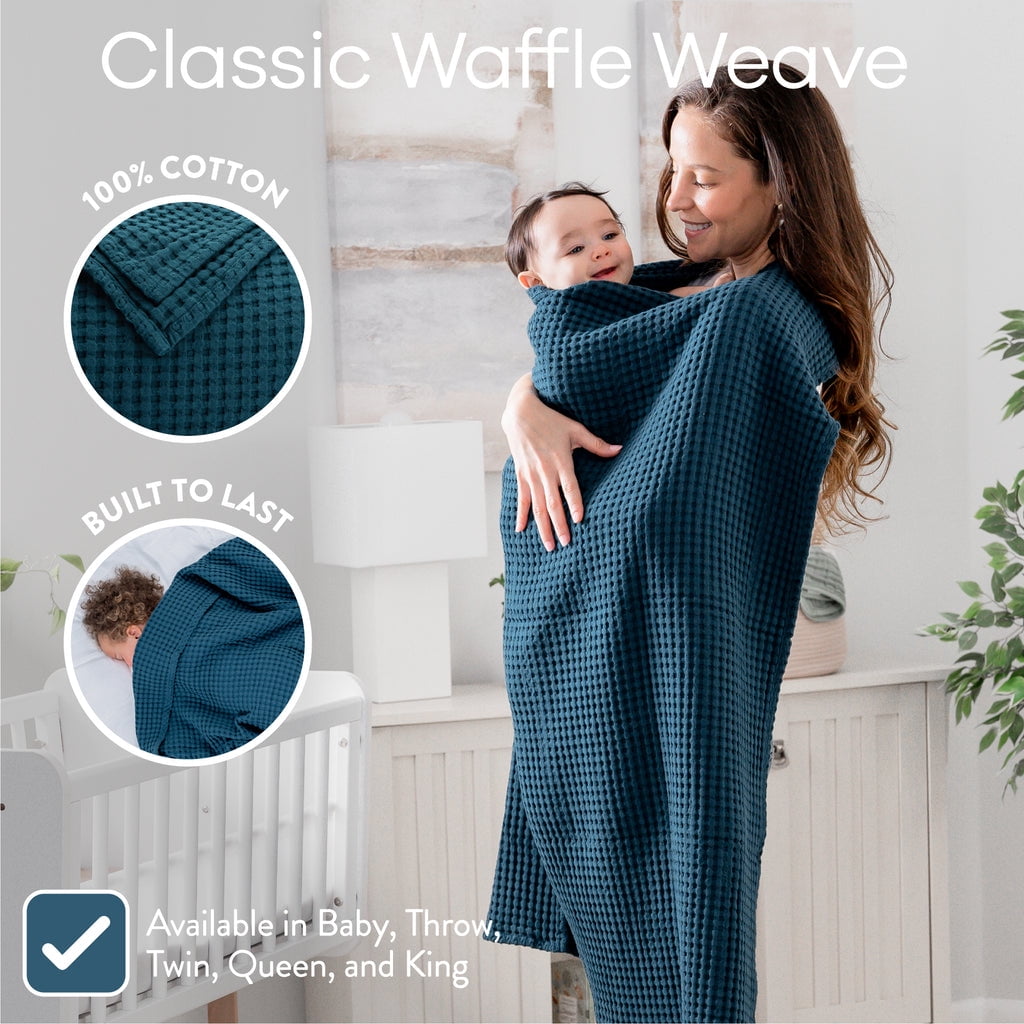 Comfy Cubs Waffle Weave Blanket - 40” x 40” - 100% Cotton Soft, Lightweight Baby Blanket, Neptune