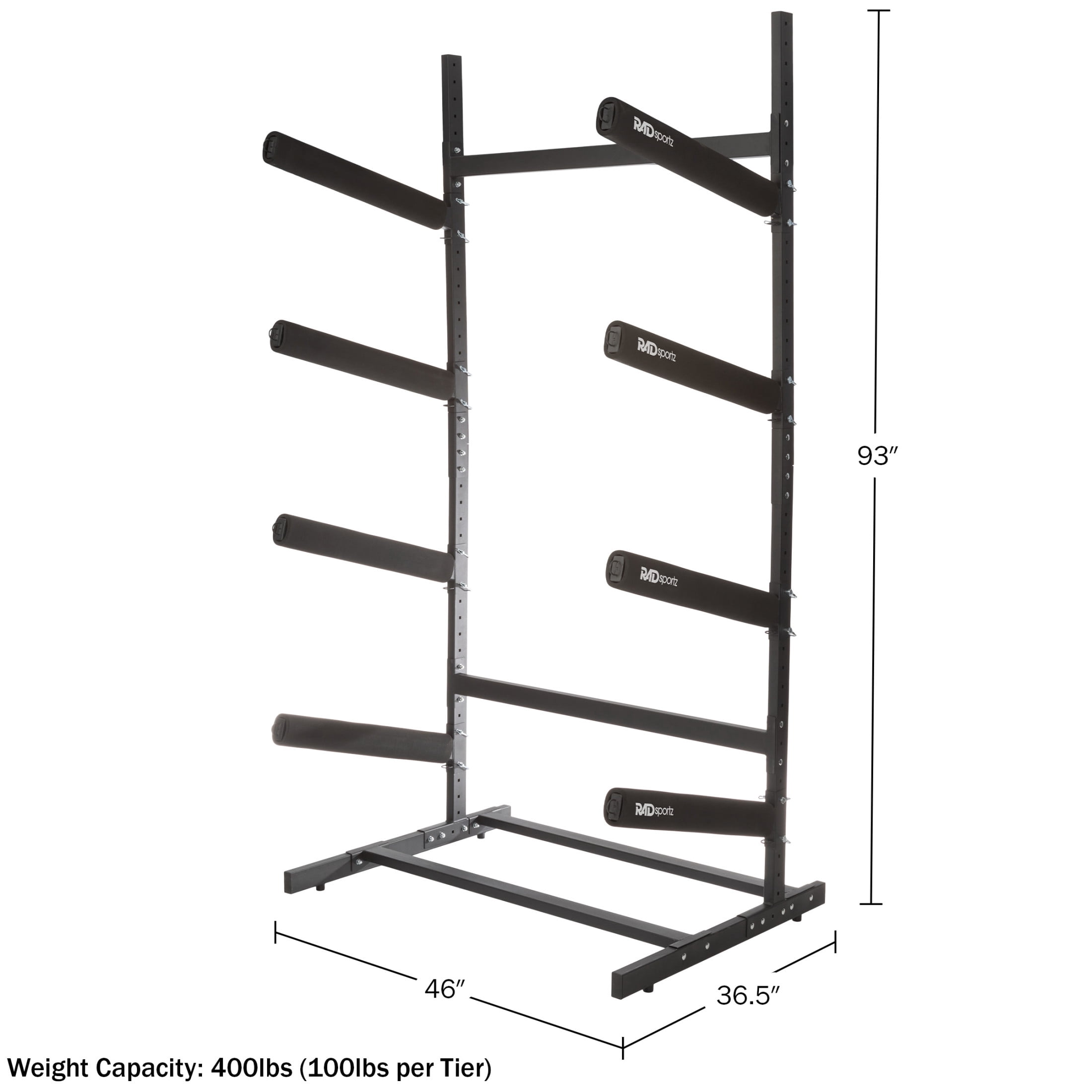 RAD Sportz Kayak Storage Rack - 4-Level Freestanding Adjustable Stand with Padded Arms and 400lb Capacity for Canoes, SUP, or Paddleboards - Black