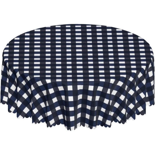 Round Tablecloth with Wave Lace 60 Inch, Navy Blue Lumberjack Plaid Circle Tablecloth Washable Tablecloth Table Protector for Restaurant, Picnic, Indoor and Outdoor Dining