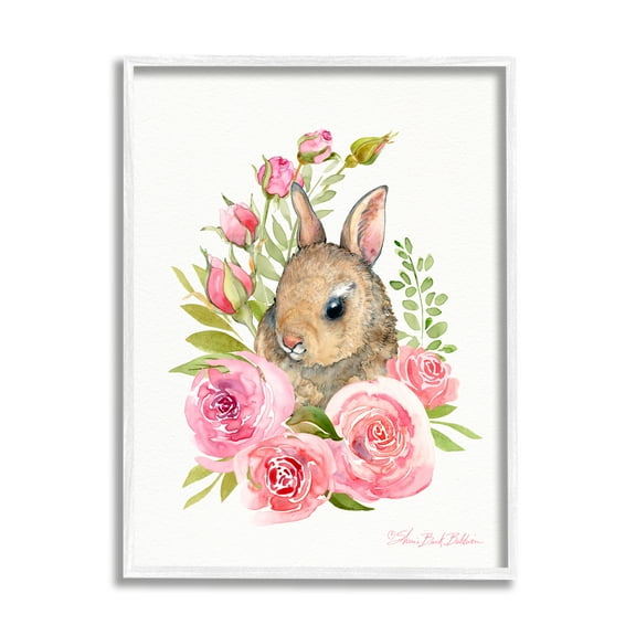 Stupell Industries Woodland Rabbit Pink Rose Nest Spring Florals Animals & Insects Painting White Framed Art Print Wall Art, 11 x 14