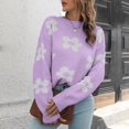 thumbnail image 2 of Lovskoo Sweaters for Women Loose Flowers Round-Neck Sweater Winter Long Sleeve Blouse Purple, 2 of 7