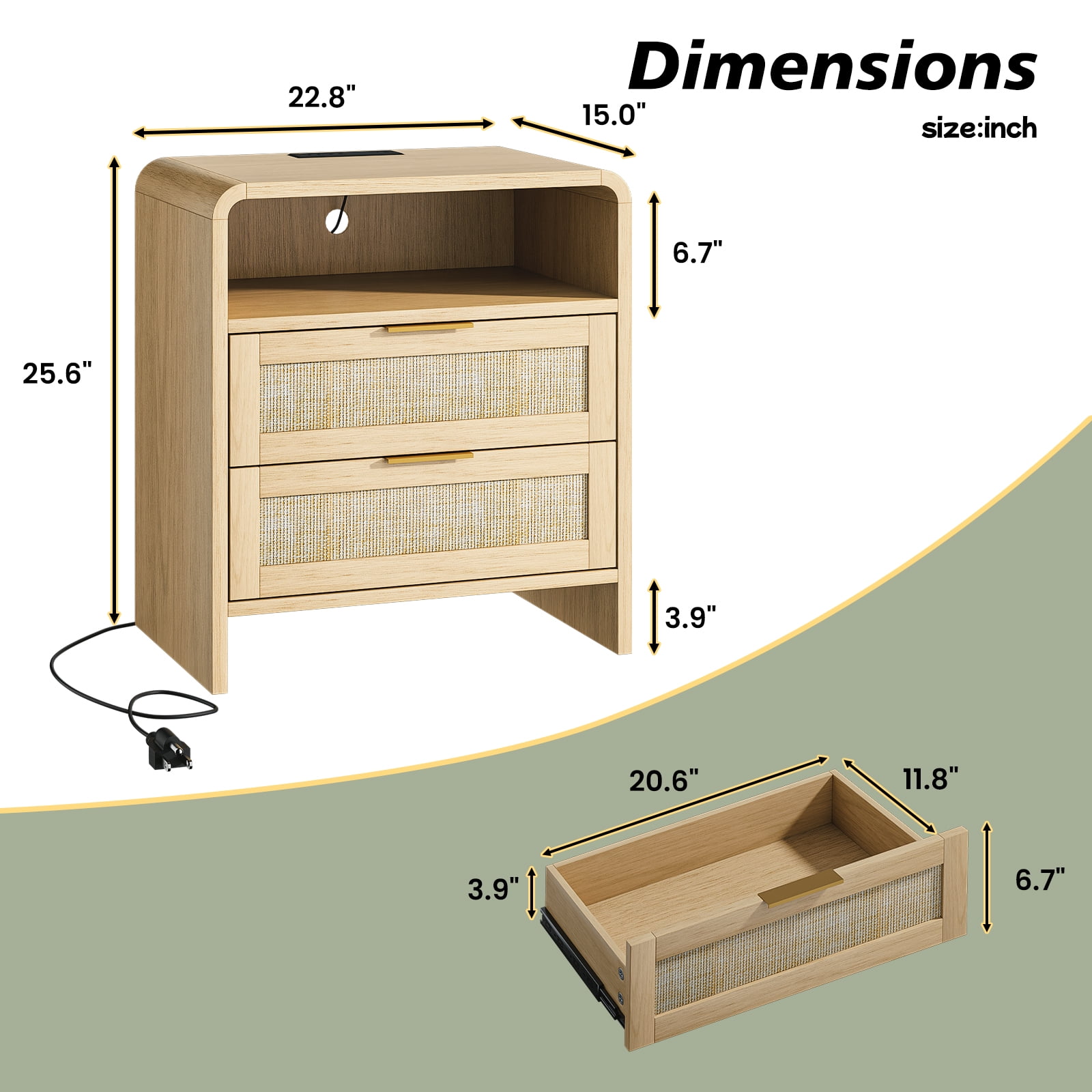 Nightstand Sets, Bedside Table Sets, Rattan Nightstand with Integrated Power Outlet, 2 Drawers, Open Shelf, Curved Design, Set of 2 Matching Bedside Tables for Bedroom, Natural Oak