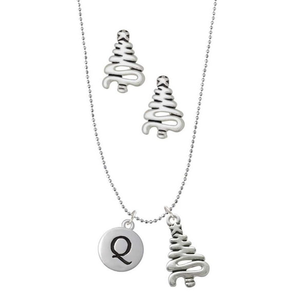 Delight Jewelry Silvertone Capital Letter - Q - Pebble Disc - Silver tone Zig Zag Christmas Tree Charm Necklace and Stud Earrings