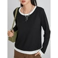 thumbnail image 6 of Women T-shirt Long Sleeve Crew Neck False 2-piece Patchwork Fall Tops Streetwear, 6 of 9