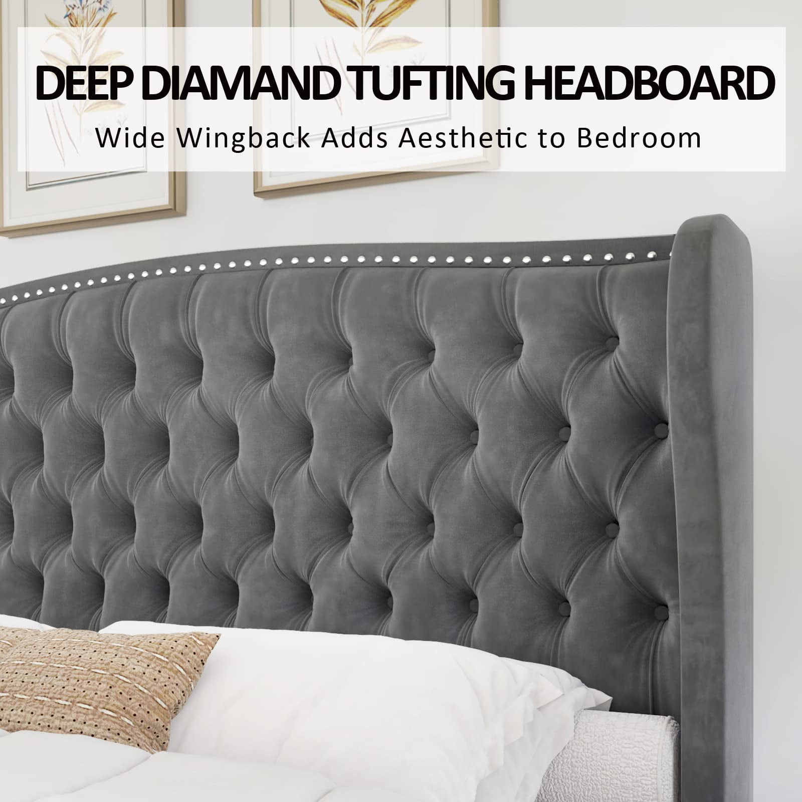 VanAcc California King Size Platform Bed Frame, Velvet Upholstered Bed with Deep Button Tufted & Nailhead Trim Wingback Headboard, Grey