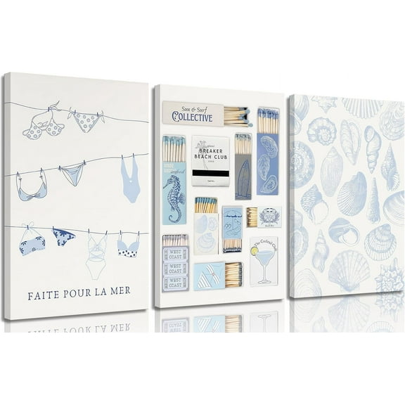 Trendy Coastal Canvas Wall Art Blue Seashell Bikini Coquette Matchbox Painting Wall Decor Coastal Granddaughter Aesthetic Poster Print for living room Preppy Dormitory Bedroom Home Decoration