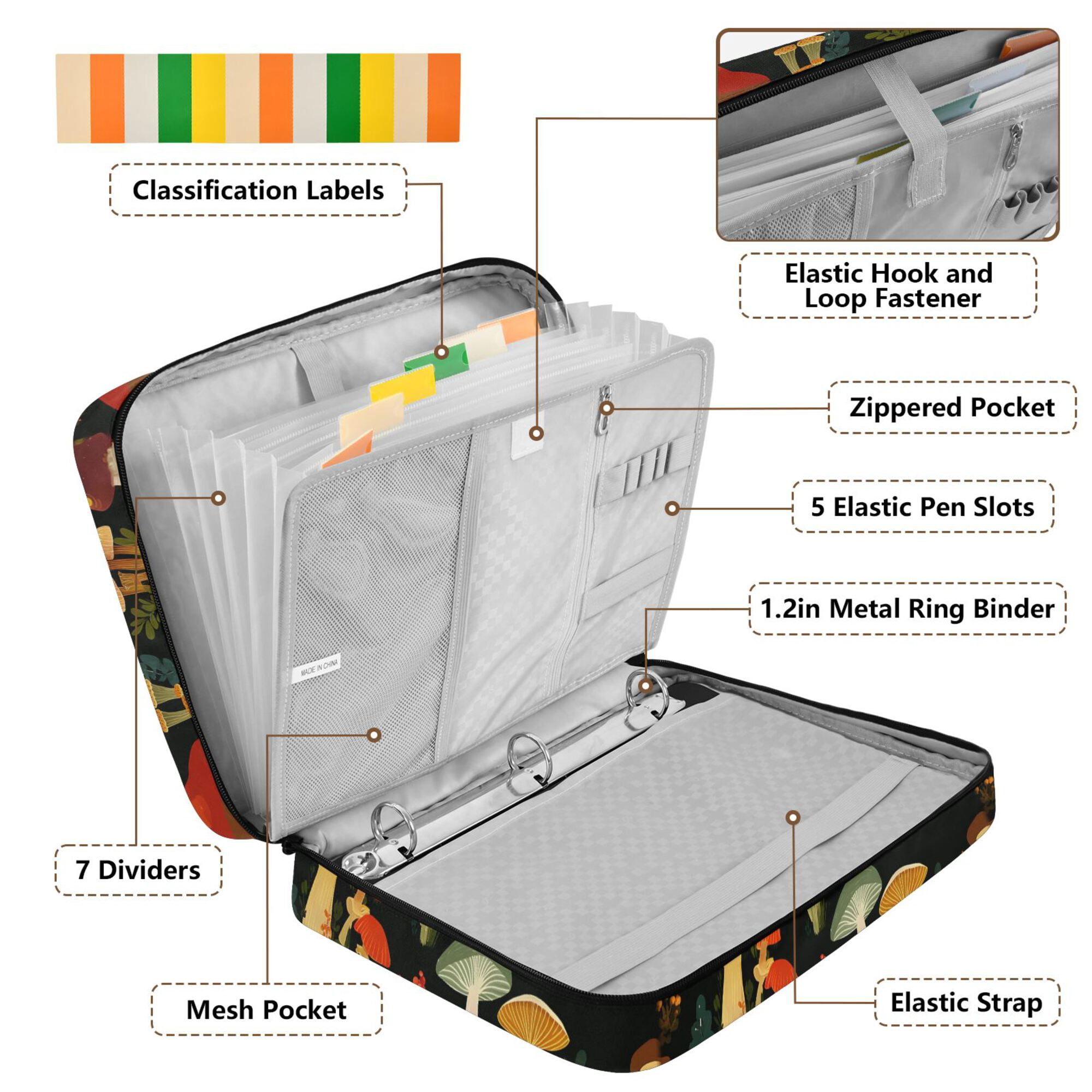 FORMRS Accordion File Folder A4 Size 7-Pocket Expanding Document Organizer Bag with 3 Ring Binder, Various Mushrooms Pattern