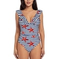 thumbnail image 2 of Goofa Starfish Navy Blue Stripe Print Women's Ruffled One Piece Swimsuit V Neck, 2 of 7