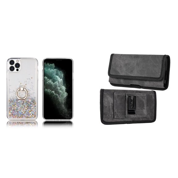Waterfall Liquid Glitter Stand Case and Belt Holster Pouch for iPhone 14 Pro (Silver/Gray)
