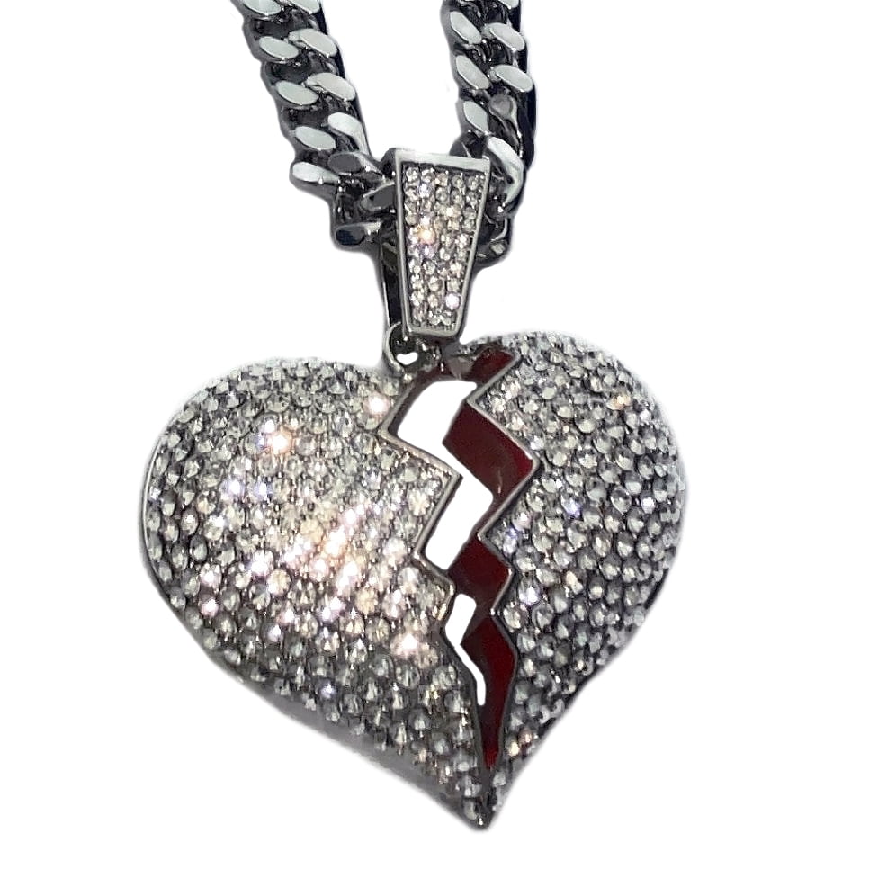 Huge Broken Heart Iced Pendant Cuban 