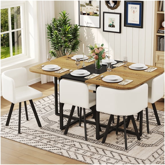6-Seater Dining Table Set, 7-PC Kitchen Set with Wood Look Table & White Waxed Faux Leather Chairs, for Dining Room and Small Apartments