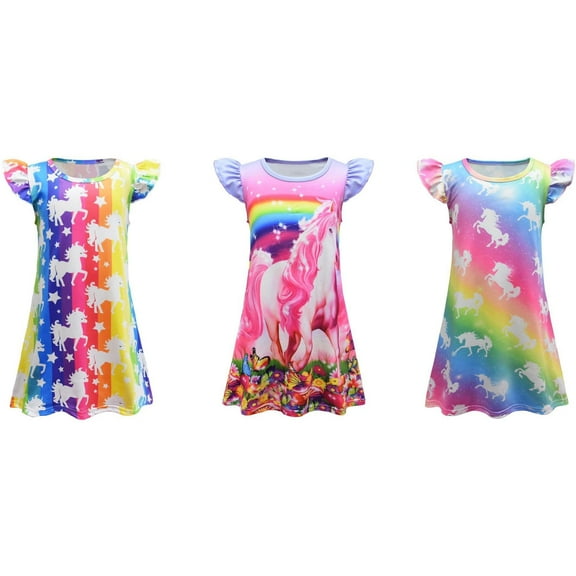 3PC Girls Nightgowns Rainbow Cartoon Sleepwear Pajamas, Little Girls 3-8 Years