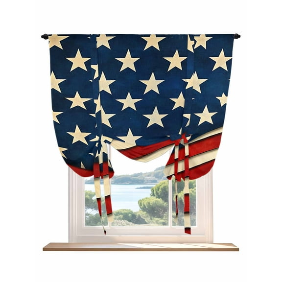 Vintage American Flag Tie Up Curtains for Windows 45 Inch Length Balloon Curtains Kitchen Adjustable Balloon Window Shade Red Beige Waves Tie Up Valance Bathroom Curtain Window 52"x45"