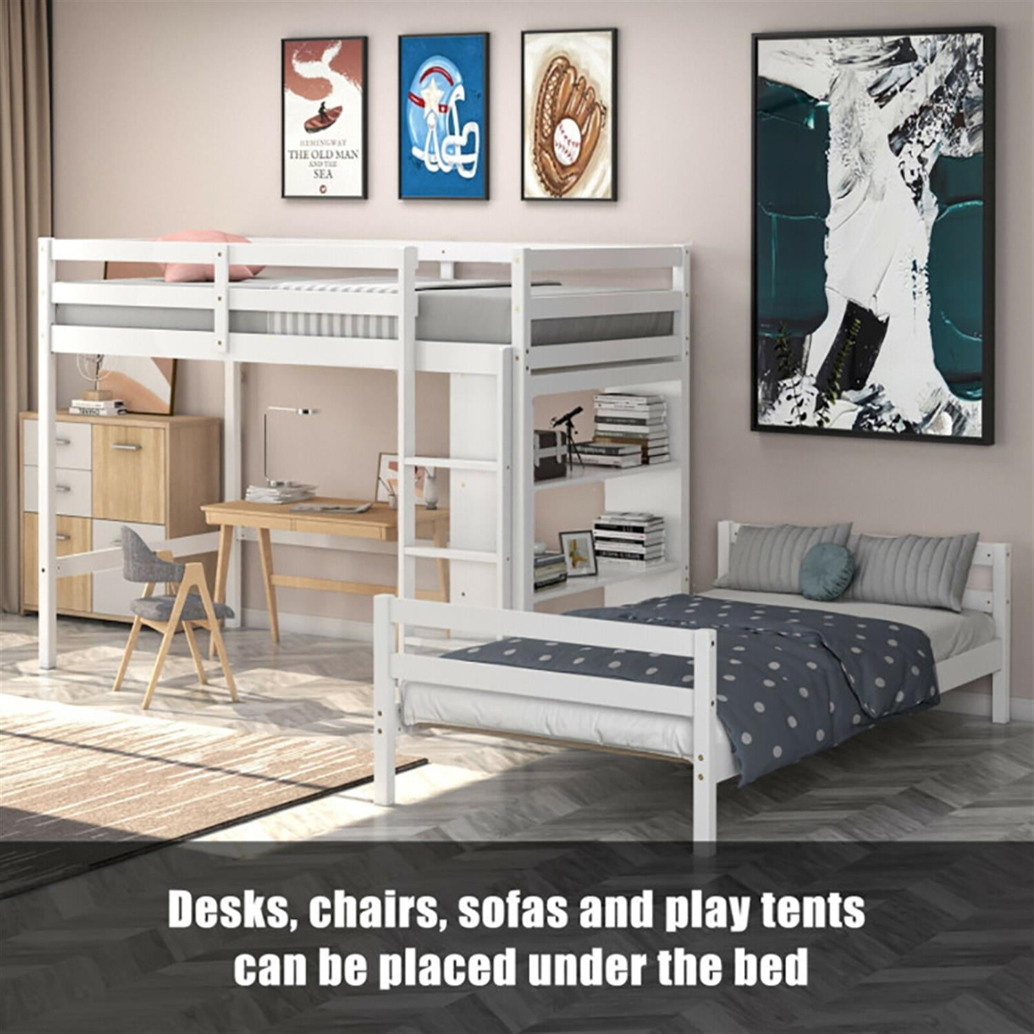 Demi Bonn Twin Over Twin Loft Bunk Bed with Bookcase, Twin Bunk Beds, Space-saving Solid Wood House Bed Frame, White