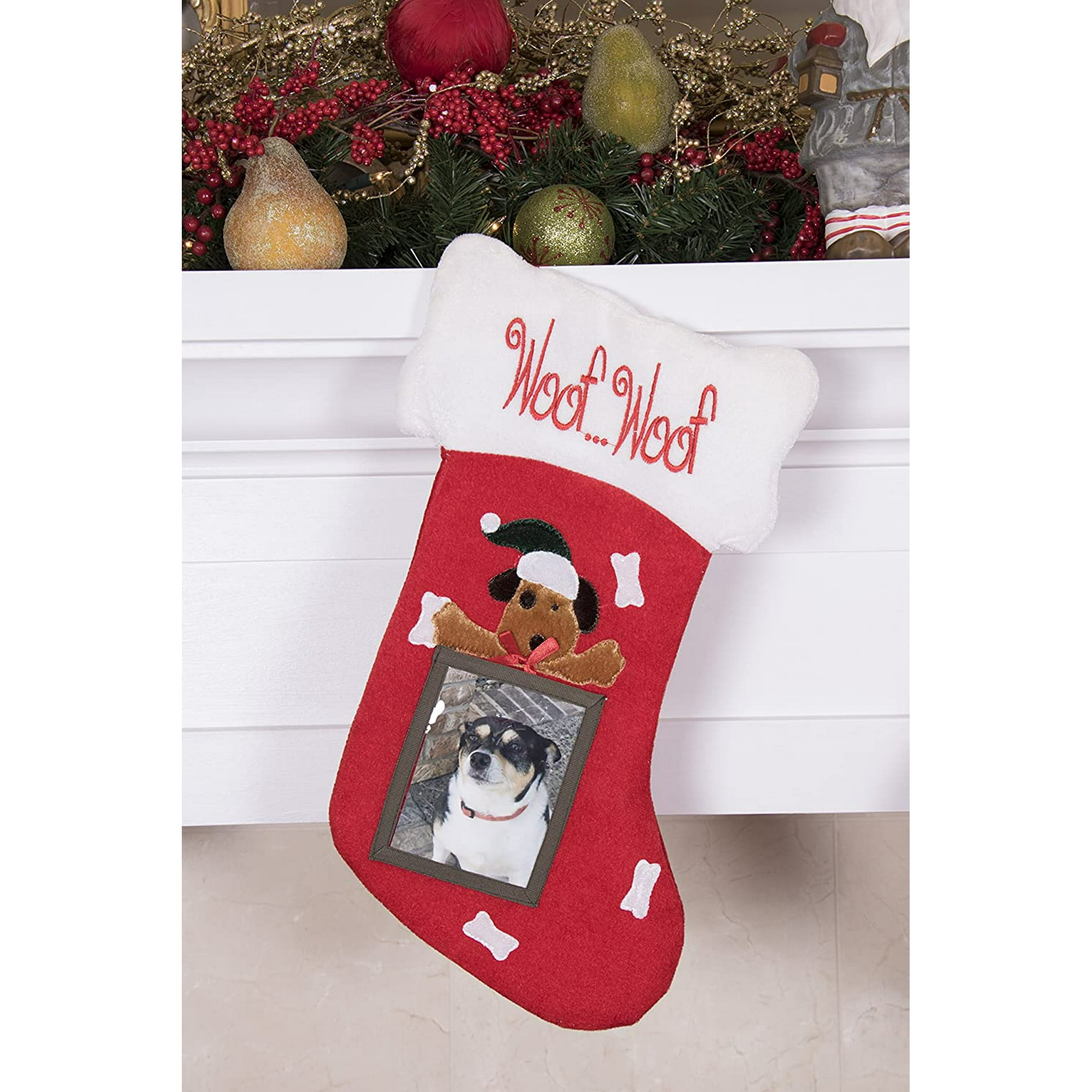 Puppy Dog Hanging Christmas Stocking for Kids Adults 4 x5 Picture Frame Red White Woof Woof Holiday Decor Theme for Small Gifts Stocking Stuffers Candy