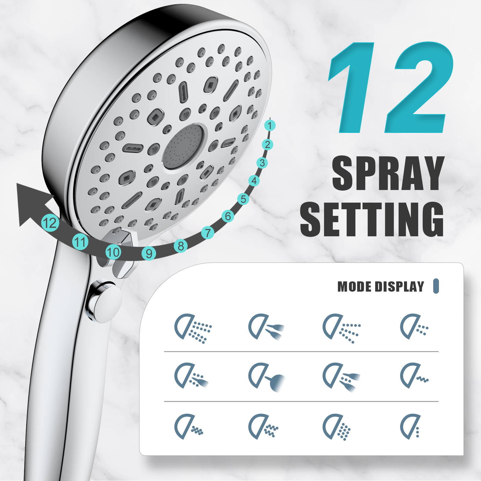 Heemli 12-Mode Handheld Showerhead with Hose and On/Off Button photo 3