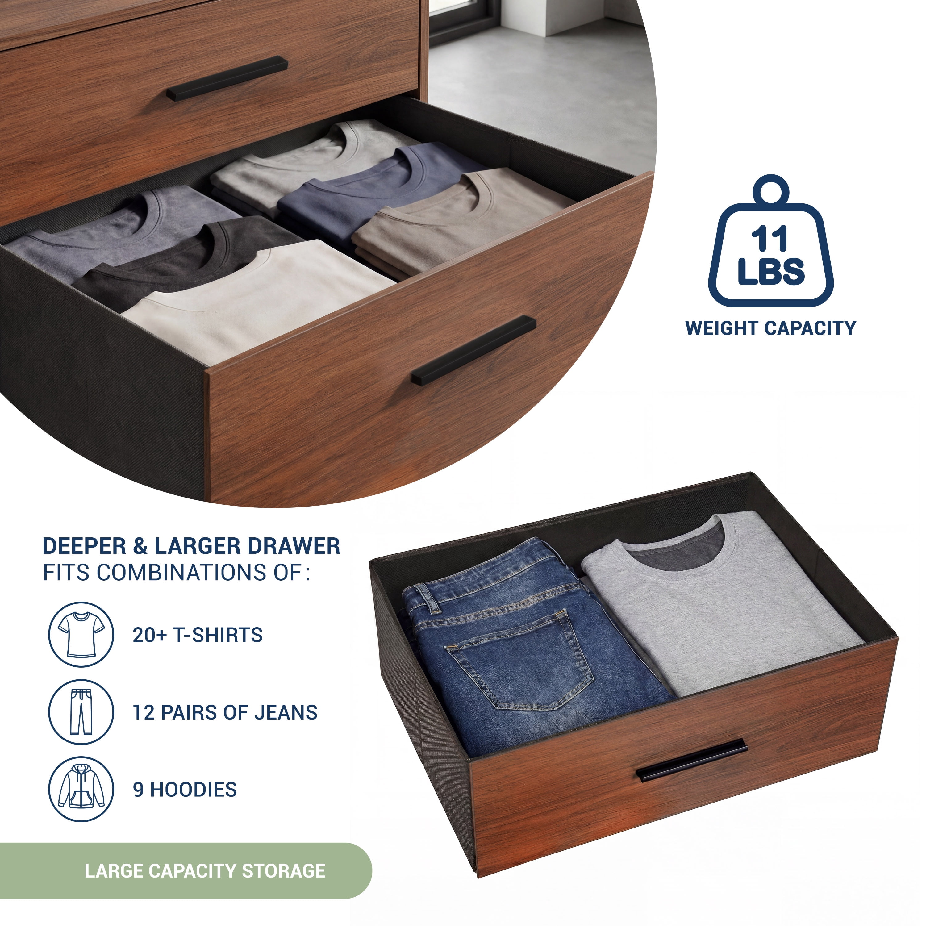 6-Drawer Dresser with Extra Large Fabric Bins, Wood Frame Storage Organizer for Bedroom, Living Room, or Hallway, Versatile Design Doubles as a TV Stand, Ideal for Home Organization, Walnut