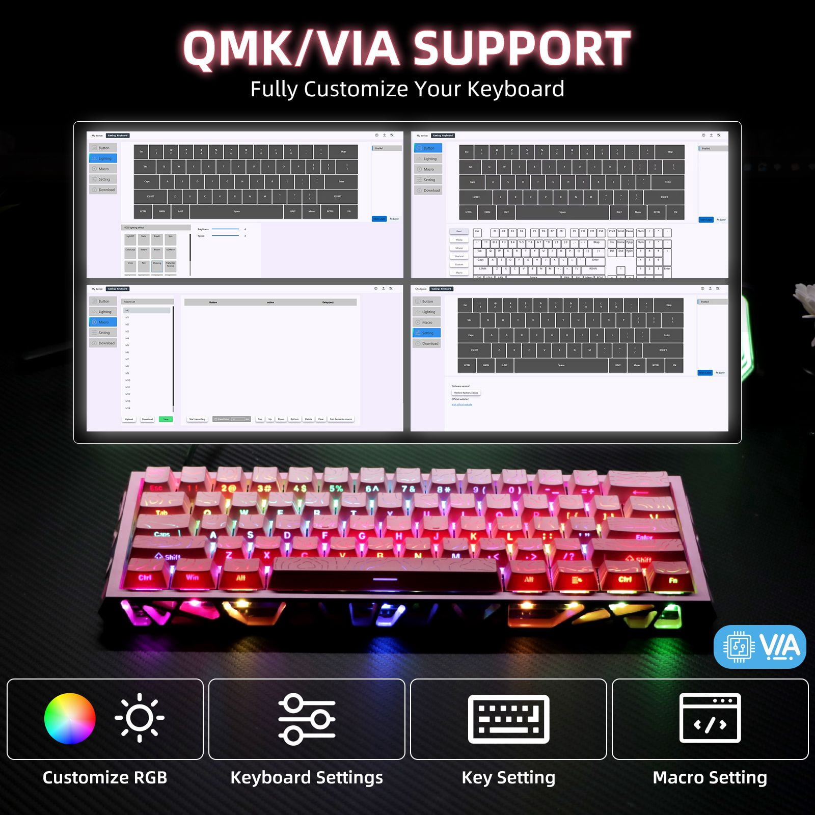 61 Keys Mechanical Keyboard, 60% Layout, Hollow Shell in 6 Colors, RGB Backlit, Full N-Key Rollover, Hot-Swappable Linear Red Switch, Backlit PBT Keycaps