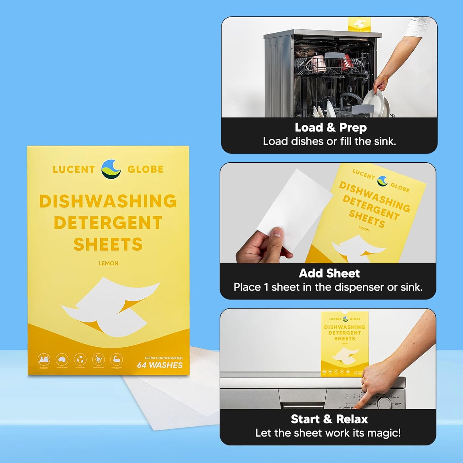 Dishwasher Dishwashing Detergent Sheets, Dish Soap & Tablets Alternative. Plant-Based, Eco-Friendly, Fully Biodegradable, Lemon Scent (1 Pack of 64 Washes)