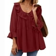 thumbnail image 2 of Fanxing Women's V Neck Shirts Dressy Casual 3/4 Sleeve Tops Babydoll Cute Ruffles Tunic Blouse Swing T Shirts Red,XXL, 2 of 6