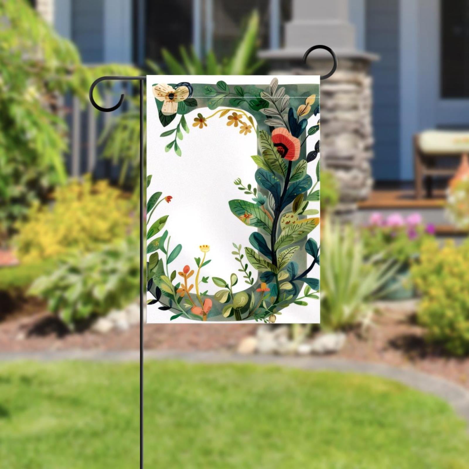 Letter J with Leaves Flowers Floral Pattern Double Sided Garden Flag Decorative Weather Resistant Yard Flag, Large DIY Vertical Flag for Farmhouse Patio Lawn, 28x40 Inch