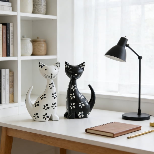 CaiYueKe 2 Pcs Handmade Wooden Cat Shelf Sitter Table Decor, Cute Kitty Figurine Ornament for Home Office Desk, Living Room Bedroom Decorations, Artistic Animal Statue Gift