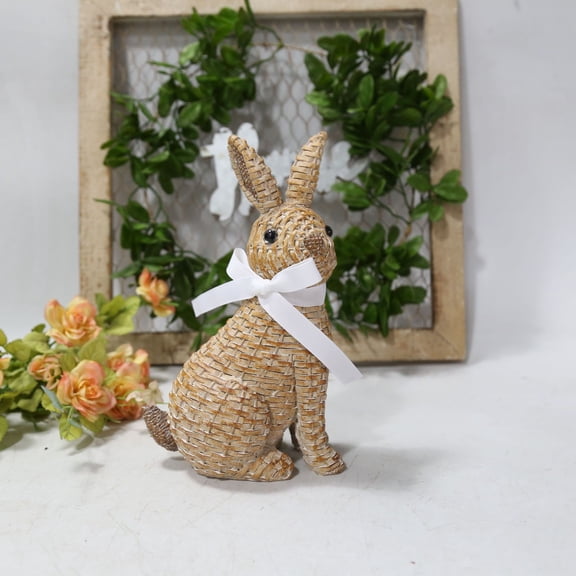 Easter Wicker Rattan Rabbit Decor, Easter Woven Rattan Bunny Decorations, Farmhouse Spring Decor for Front Porch, Garden, Yard & Indoor Outdoor (Brown Sit)