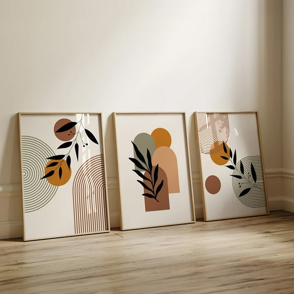 Boho Botanical Wall arts Set of 3 Prints, Mid Century Art Prints, Neutral Modern Wall Art, Vintage Black Leaves Geometric Curve Abstract Art Office Bedroom Decoration, Frameless