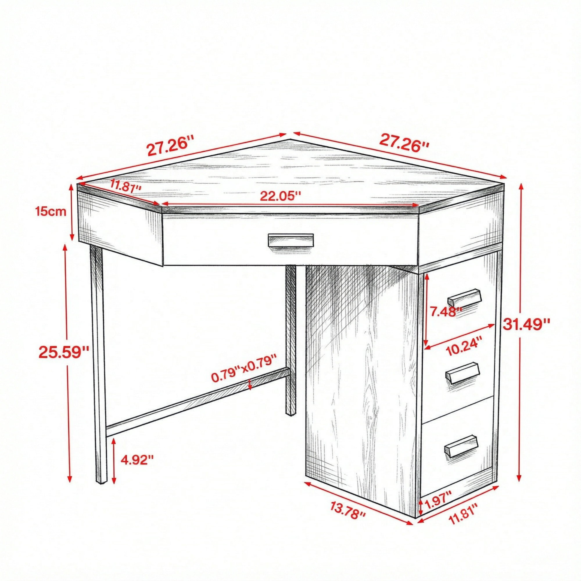 Triangle Corner Desk with 3 Drawers, Space-Saving Computer Desk & Makeup Vanity, Compact L-Shape Workstation for Small Spaces