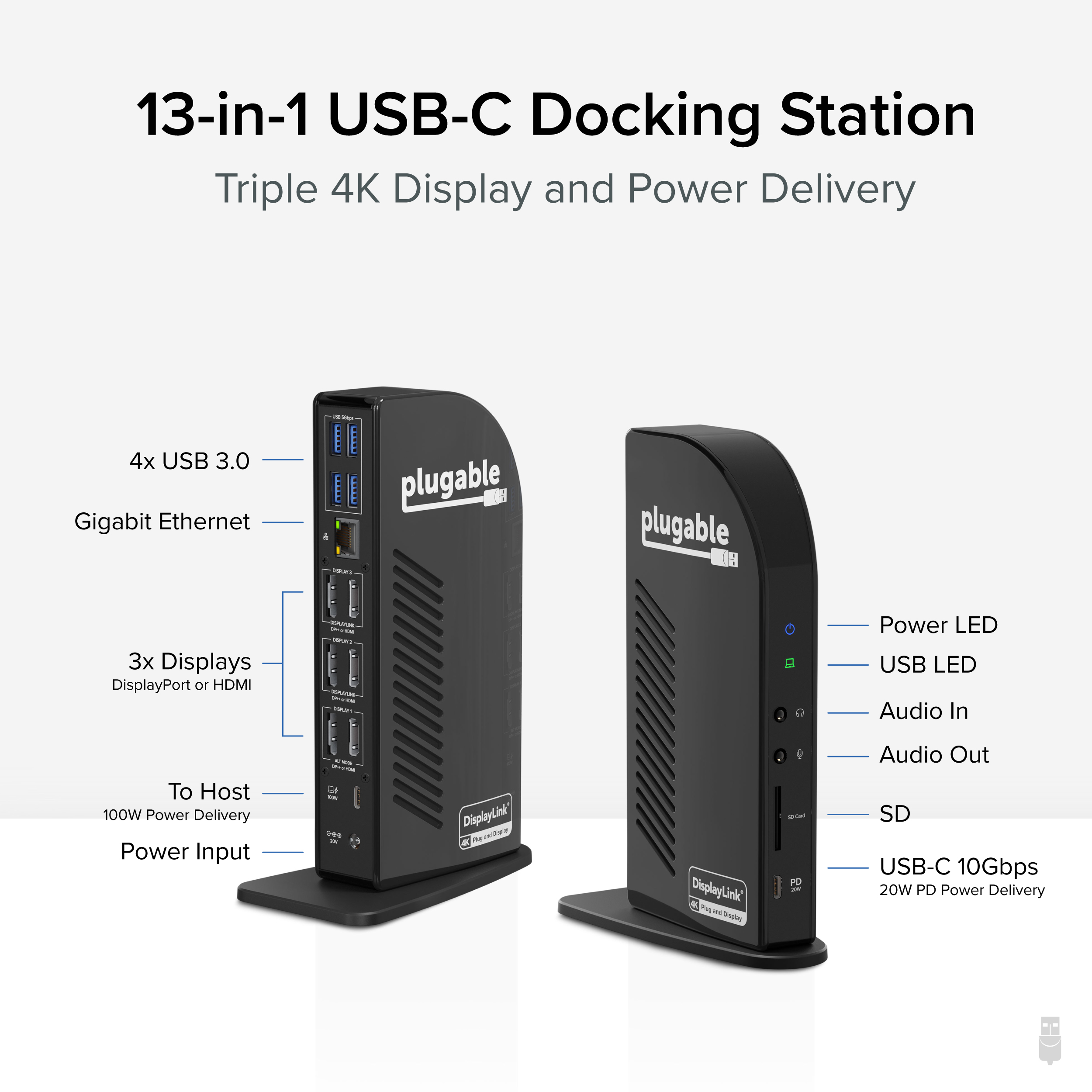 Plugable 4K USB C Docking Station Triple Monitor with 100W Power Delivery, USB C Dock for Thunderbolt 3/4, and USB-C Windows and Mac (3x HDMI and 3x DisplayPort, 1x USB-C, 4x USB 3.0, SD Card Reader) - image 2 of 7