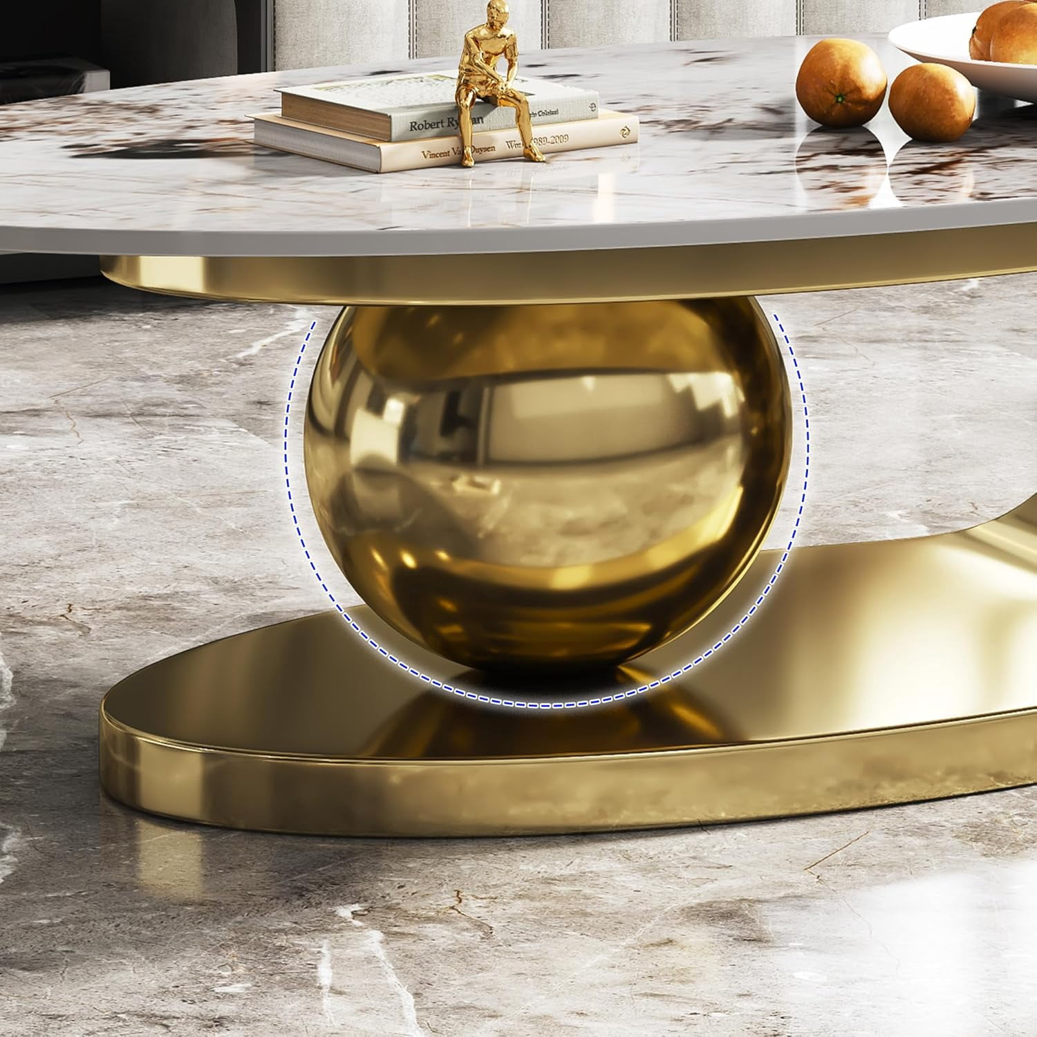 Tabaray Modern Oval Coffee Table Luxury Sintered Stone Top Coffee Table with Sculptural Geometric Stainless Steel Base,Mid-Century Marble Grain Center Table for Living Room,Gold