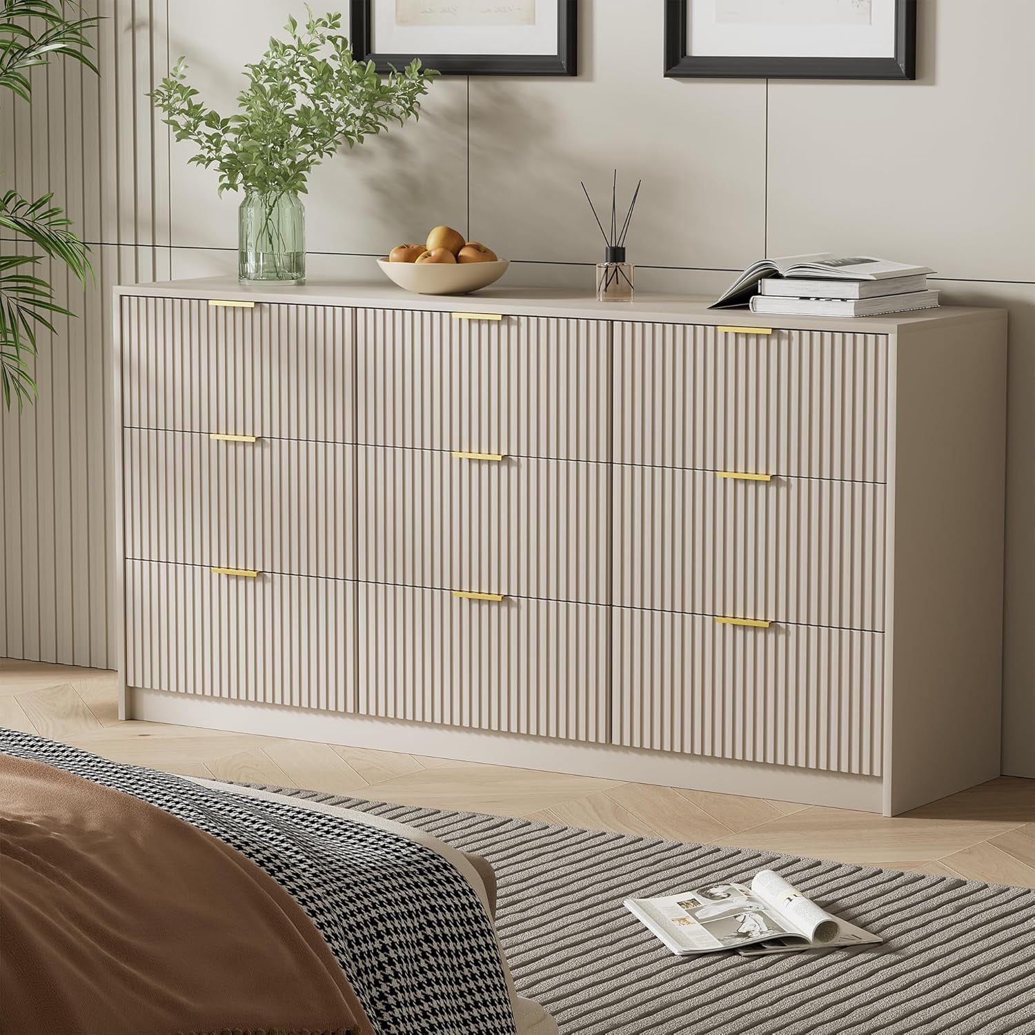 Beige Dresser for Bedroom, Modern Dresser with 9 Drawers and Smooth Slides, Wide Chest of Drawers with Golden Handles for Bedroom, Living Room, Closet, 15.7" D x 63" W x 31.5" H