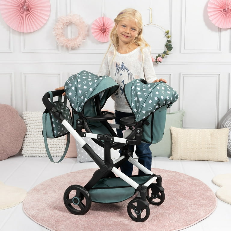 Bayer Design Doll Pram Xeo Twin Green & White Stars with Shoulder