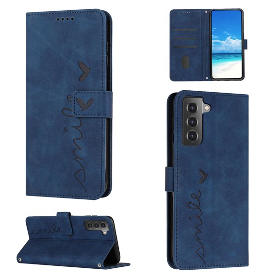 For Samsung Galaxy S21 Plus Wallet Cover, PU Leather Kickstand Credit Card Pocket Slots Wrist Strap Magnetic Folio Heart Patterned Embossed Flip Cover for Samsung Galaxy S21 Plus, Blue
