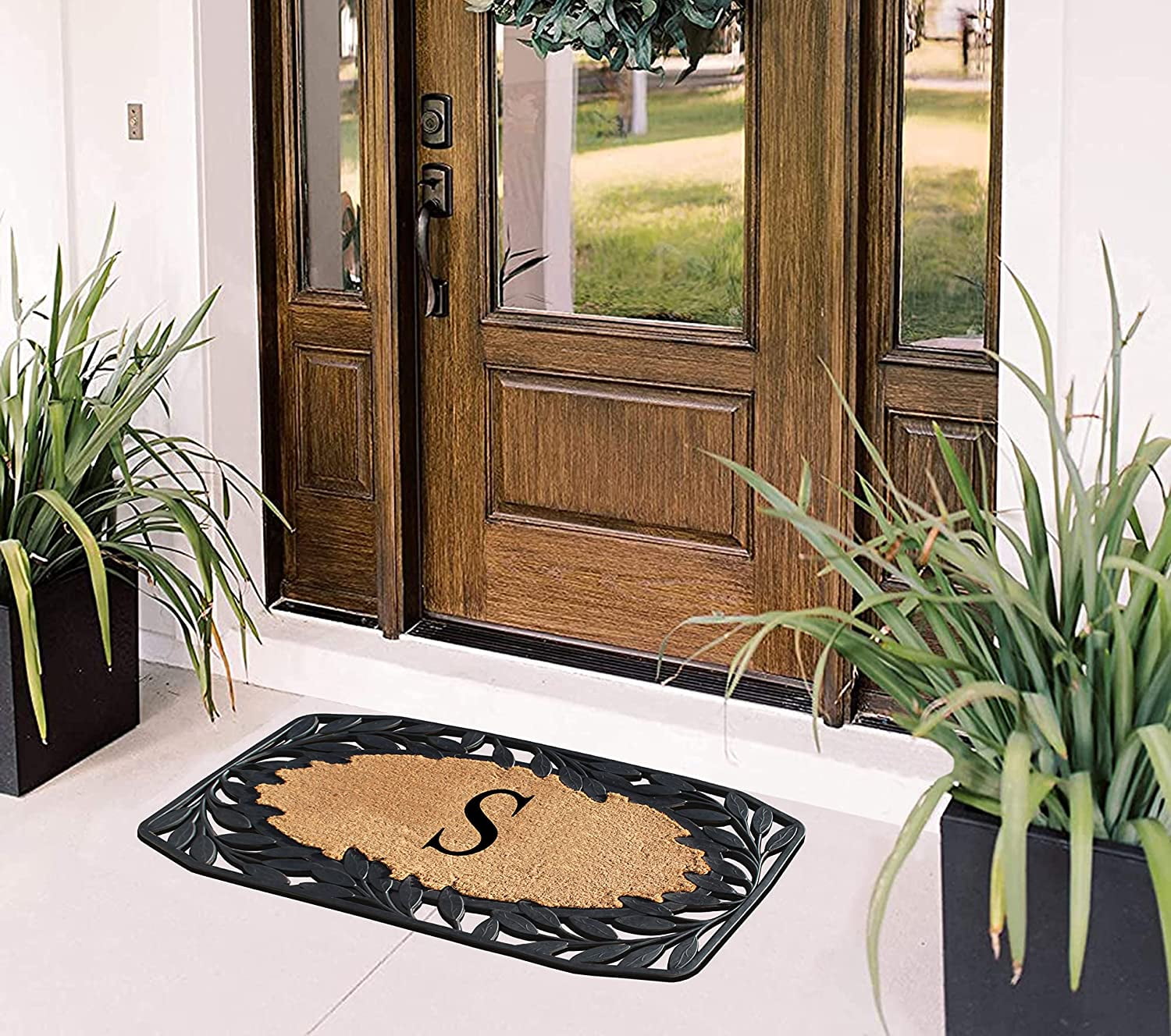 A1 Home Collections Floral Black, Beige, Multi-color Rubber and Coir Doormat for Outdoor Entrance Non Slip Backing Front Door Mat, 23" x 38"
