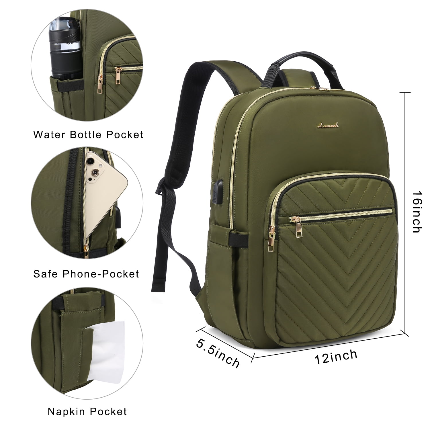 Lovevook Laptop Backpack for Women, 15.6" Quilted Travel Backpack with Anti-Thief Pocket, Teacher Backpack Book Bag Nurse Bag Purse with USB-ARMY Green