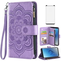 Asuwish Compatible with Samsung Galaxy S9 Wallet Phone Case and Tempered Glass Screen Protector Flower Faux Leather Flip Credit Card Holder Stand Zipper Cell Cover for S 9 Edge 9S GS9 Women Purple