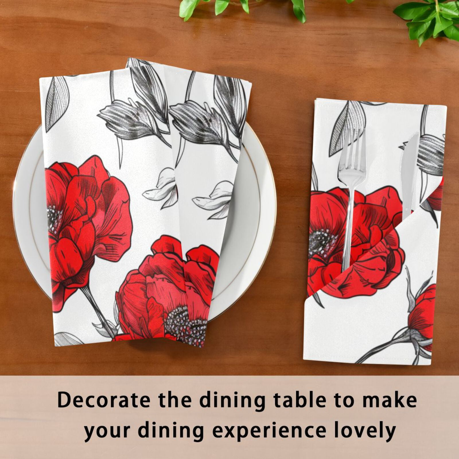 JSTEL Red Peony Flowers Cloth Napkins Set of 6, 20x20 Inch Washable and Reusable Napkin for Decoupage Dinner Party Everyday Use