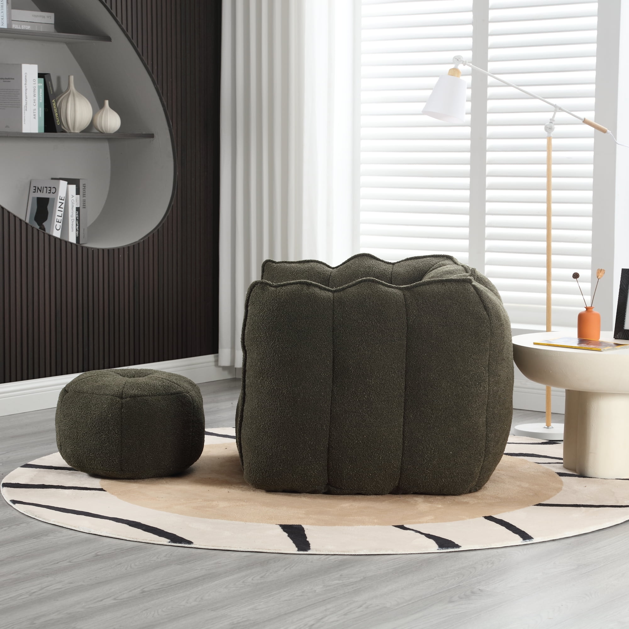 Leumius Soft Bean Bag Chair with High Resilient Foam(Chips)for Living Room and Bedroom,Comfortable Square Lazy Sofa with Footstool for Adults to Gaming, Reading and Watching TV Olive Green