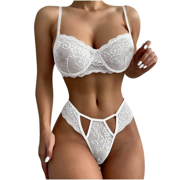 Gibobby Conjuntos de bragas de encaje Nueva sexy lencería de encaje ropa interior ropa de dormir anillo de pijamas liguero(Blanco, M)