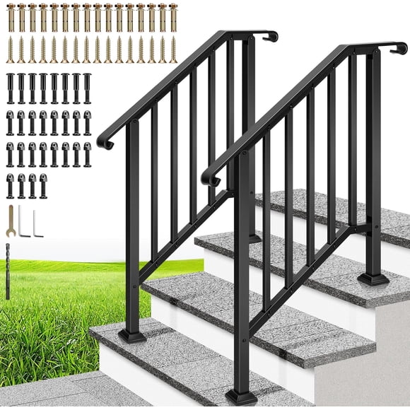 SPECSTAR 2-Pack Hand Rails for Outdoor Steps, 3 Step Galvanized Steel Railing Kit, Curved Ends and Safty Balusters Exterior Hand Railing
