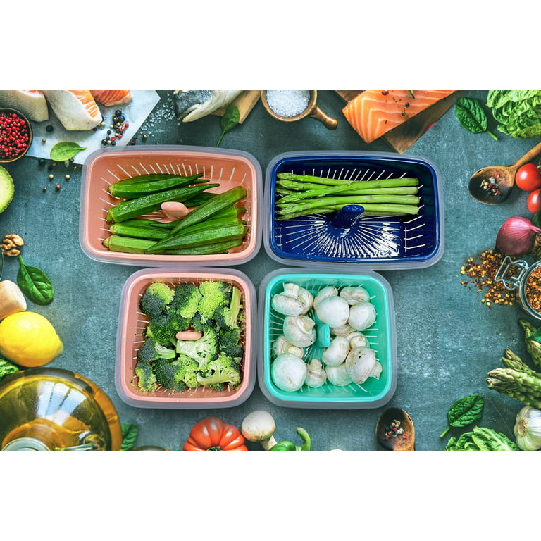 Elabo Vegetable Fruit Storage Containers for Fridge, Stackable Produce Saver Refrigerator Organizer Bins Baskets with Lids, Vents and Removable
