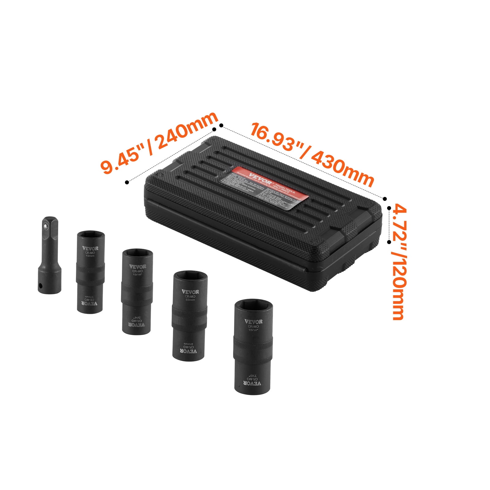 VEVOR Lug Nut Impact Socket Set, 1/2 inch Drive Metric and SAE 6-Point Flip Socket Set, 4 Total Lug Nut Sizes, CR-MO Steel Wheel Socket Set with Storage Case and Extension Bar, for Auto Repair