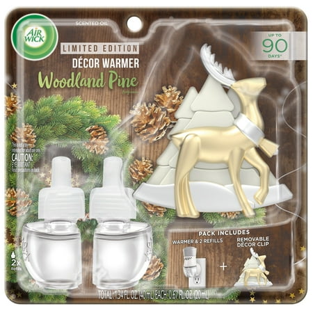 Air Wick plug in Scented Oil Starter Kit with Reindeer Décor Clip (Warmer + 2 refills), Woodland Pine, Air Freshener, Essential Oils, Fall Scent, Fall