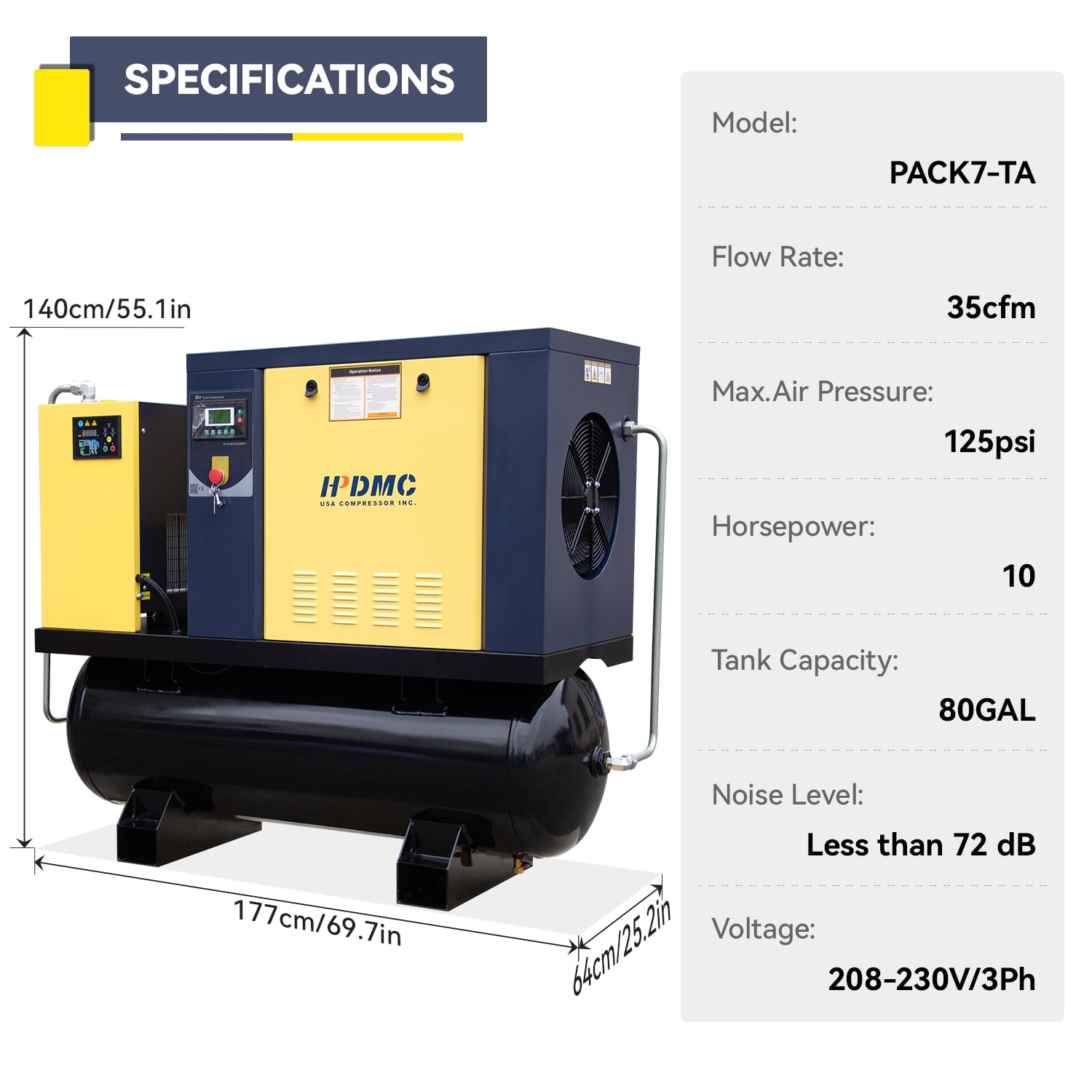 HPDMC 10HP Rotary Screw Air Compressor, 208-230V 3-Phase, 35 CFM @ 125 PSI, w/ 80 Gal ASME Horizontal Tank, Air Dryer & Filter PACK7-TAE