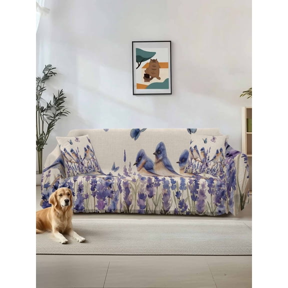Purple Spring Floral Couch Cover for 2 Cushion Sofa, Summer Birds Butterfly Farmhouse Washable Loveseat Sofa Covers Slipcover for Sectional Sofas L-Shaped, Couch Throw Cover 71"x118"