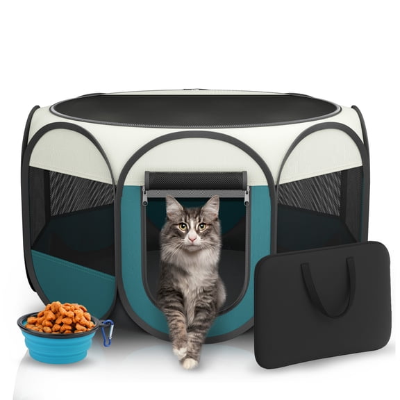 Hutact Pet Playpen for Cats Puppy Dogs, Portable Pop-up Playpen Pet Pen Tent 29" Foldable Chicken Crate Playpen for Indoor Playing Recovery, Outdoor Travel Hiking with Bowl, Small